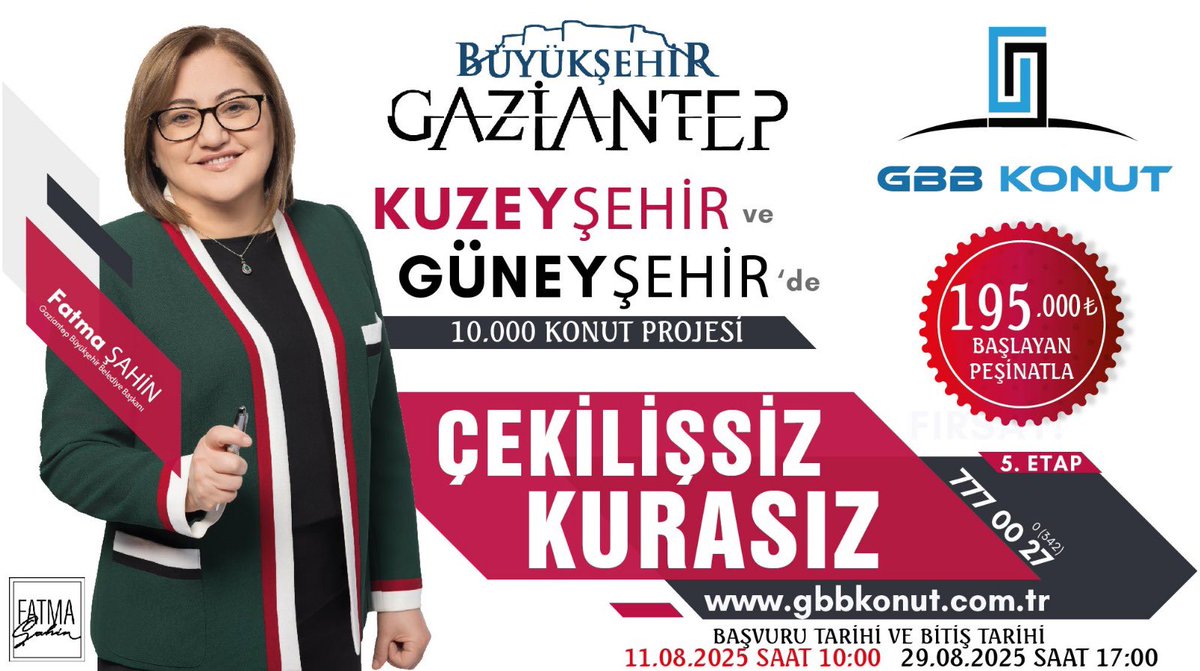 GBB Konut (@gbbkonut) on Twitter photo Gaziantep Büyükşehir Belediyesi ve GBB Konut'tan ev sahibi olmak isteyenler için tarihi fırsat!
Şehrimizin planlı gelişimine öncülük eden Kuzeyşehir ve Güneyşehir'de, 10.000 konutluk dev projemizin 5. Etabı başlıyor. Üstelik bu kez ÇEKİLİŞSİZ ve KURASIZ!
Siz de bu büyük Gaziantep Büyükşehir Belediyesi ve GBB Konut'tan ev sahibi olmak isteyenler için tarihi fırsat!
Şehrimizin planlı gelişimine öncülük eden Kuzeyşehir ve Güneyşehir'de, 10.000 konutluk dev projemizin 5. Etabı başlıyor. Üstelik bu kez ÇEKİLİŞSİZ ve KURASIZ!
Siz de bu büyük