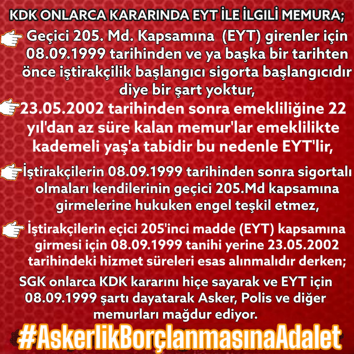 işçi esnaf çiftçi askerlik borçlanmasıyla EYTli olup emekli olurken
Yağmur çamur kar.kış demeden 7/24 canı pahasına vatanını ve halkını koruyan Asker ve Polisin askerlik borçlanmasıyla EYTli olması maalesef genelgeyle engelleniyor.
@flashhabertvcom