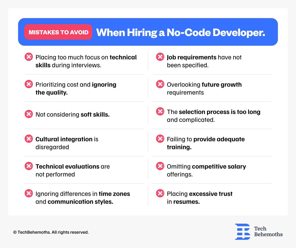 Avoid these 12 common mistakes when hiring No-Code developers:

- Trusting only resumes
- Skipping tech interviews
- Unclear job requirements
- Ignoring time zones
- Overlooking soft skills
…and more!

See the full list &amp; avoid costly errors.
#NoCode #HiringTips #TechBehemoths