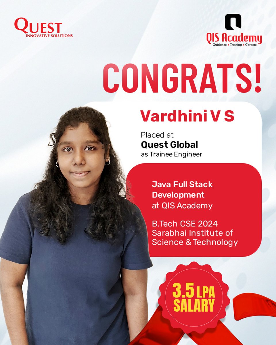 qis_academy's tweet image. Vardhini joins Quest Global as Trainee Engineer โ โน3.5 LPA!
From B.Tech CSE โ24 โ Java Full Stack Developer at QIS Academy โ Dream Job โ
๐ 9567763448 | ๐ TVM | Cochin | Calicut | Kannur
#QISAcademy #JavaFullStack #PlacementSuccess #QuestGlobal #TechCareers