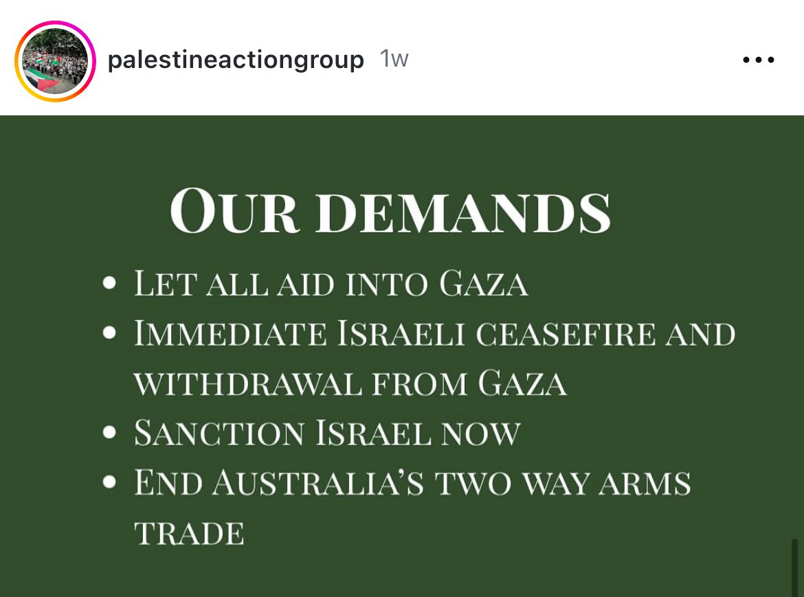 A reminder that the bridge protest - Australia’s biggest protest in decades, if not ever - was calling for sanctions and an end to the two-way arms trade, not for Australia to recognise Palestine. 

Recognition is just a distraction while we’re still sending weapons to Israel.