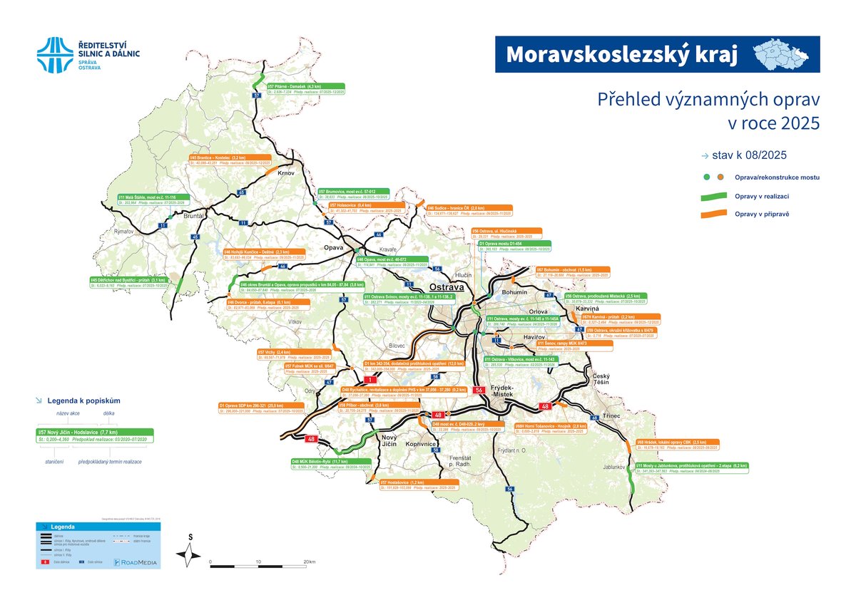 Vychází srpnová mapa větších oprav ŘSD v MS kraji: kraje.rsd.cz/moravskoslezsk…. Více zelené barvy odpovídá letnímu období, kdy přeje počasí a můžeme provádět řadu oprav. Rekonstrukce aktuálně probíhají po celém kraji a současně připravujeme další podobné projekty na příští rok.