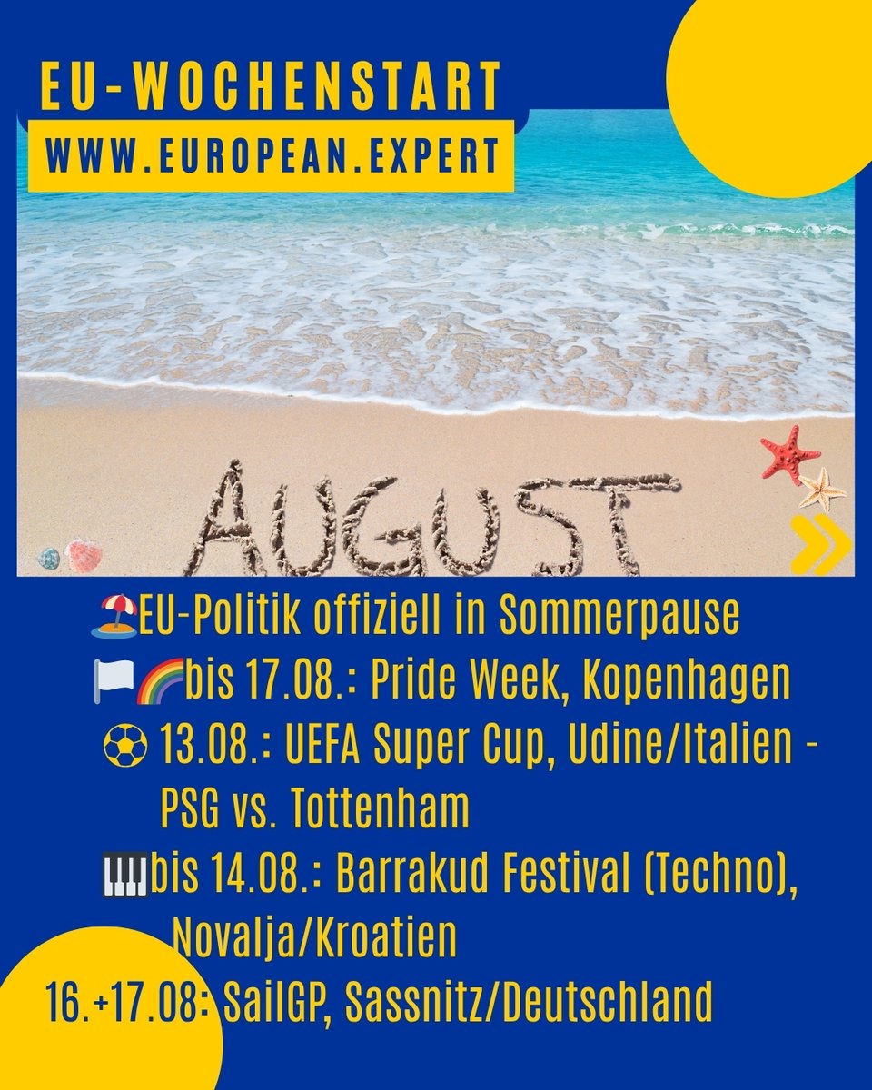 ElLobito01's tweet image. #EUwochenstart 🇪🇺

🗓 Europa-Woche auf einen Blick:

🌍 EU/NATO: keine Gipfel.
🎭 Kultur: Kopenhagen Pride &amp;amp; Festivals.
⚽ Sport: UEFA Super Cup, SailGP Sassnitz.

Mehr Europa hier: ⭐ european.expert 

#EUPolitics #EuropeEvents #Sport #Kultur #Terminvorschau