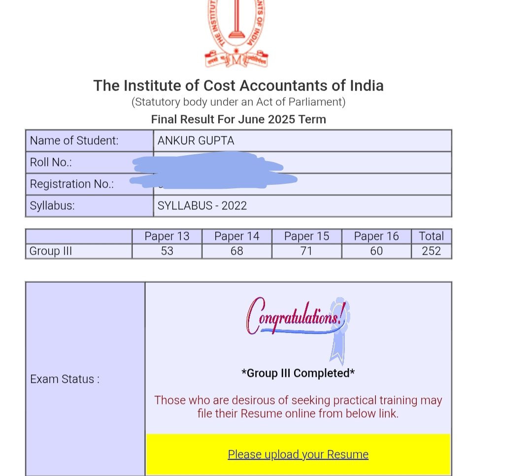 Ankurgpt05's tweet photo. It took a lot of effort but I cleared my CMA Final Group 3 in one shot 🥺😊.
I am truly happy but I know this journey isn't over yet - bigger challenges await and I am ready to face them.
#cmaresults #cmaexamresult #Cma #cmafinal https://t.co/8lvB5SX8iK