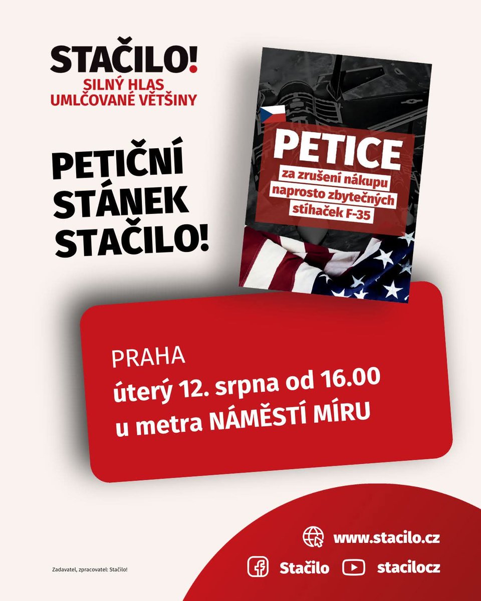 milankrajcacz's tweet photo. 🚩 V úterý 12. srpna se můžete v Praze u stanice metra Náměstí Míru zastavit u petičního stánku, kde bude od od 16 hodin podepsat petici za zrušení stamiliardového nákupu předražených a nepotřebných amerických stíhaček F-35.
#petice #f35 #namestimiru #vinohrady #praha2 #praha https://t.co/zAFwDlOYQk