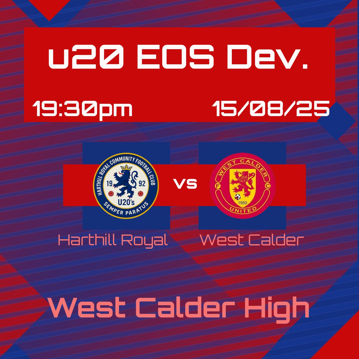 Season opener this Friday v <a href="/WestCalderUtd/">WestCalderUnitedJFC</a> u20’s

Get along and cheer on the boys…

<a href="/harthilljuniors/">Harthill Royal Juniors</a>