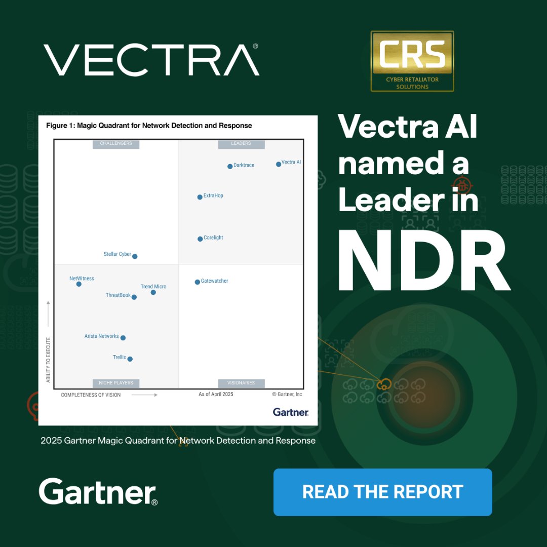 ow.ly/Gmar50W65Cr Customers deserve the best in Cyber Defence! Proud to partner with @VectraAI, a Leader in the 2025 Gartner® Magic QuadrantTM for NDR

#AlwaysWinning #CyberRetaliatorSolutions #CRS #CyberSecurity #DigitalProtection #VectraAI #GartnerMagicQuadrant