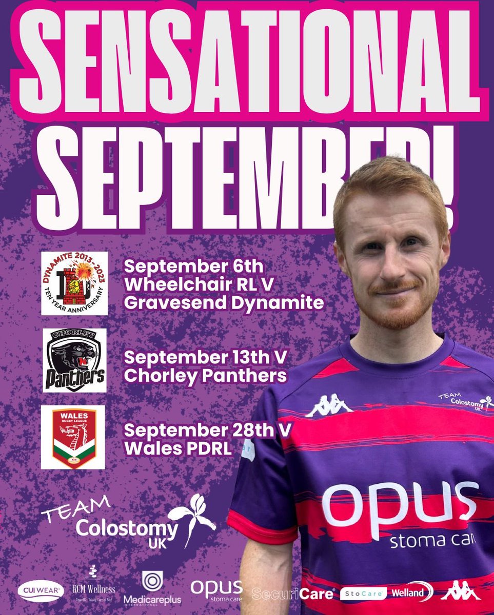 Team Colostomy UK (@teamcolostomyuk) on Twitter photo We've got a Sensational September coming up with 3️⃣ great games
that see us visit #Kent, #Wales, and #Lancashire 🕺🕺
We kick things off at Gravesend Dynamite for a <a href="/WheelchairRL/">Wheelchair RL</a> friendly before heading to our home away from home and our annual game with <a href="/ChorleyPanthers/">Chorley Panthers RLFC</a> 🙂The We've got a Sensational September coming up with 3️⃣ great games
that see us visit #Kent, #Wales, and #Lancashire 🕺🕺
We kick things off at Gravesend Dynamite for a <a href="/WheelchairRL/">Wheelchair RL</a> friendly before heading to our home away from home and our annual game with <a href="/ChorleyPanthers/">Chorley Panthers RLFC</a> 🙂The