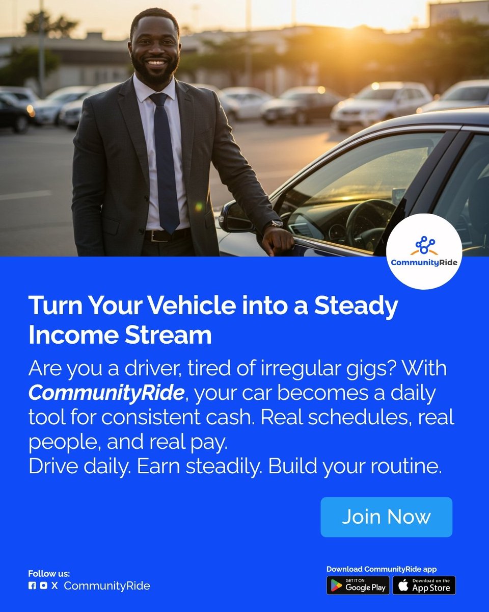 CommunityRideNG's tweet image. 💼 Drive Your Way to Consistent Cash! 🚗
Tired of chasing random gigs? With CommunityRide, your car isn’t just a ride — it’s a reliable income source.
✅ Real schedules
✅ Real passengers
✅ Real pay
Drive daily. Earn steadily. Build your routine.
#CommunityRide #CHIVIDO2025