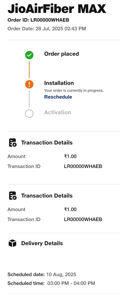 ripunj's tweet photo. @reliancejio is the world's largest telecom operator but still it lags far behind it's competitors in terms of service and availability.
Booked airfiber 15 days back but despite various follow ups, there's no revert back for installation of router.
@JioCare https://t.co/zL0IqcXDXN