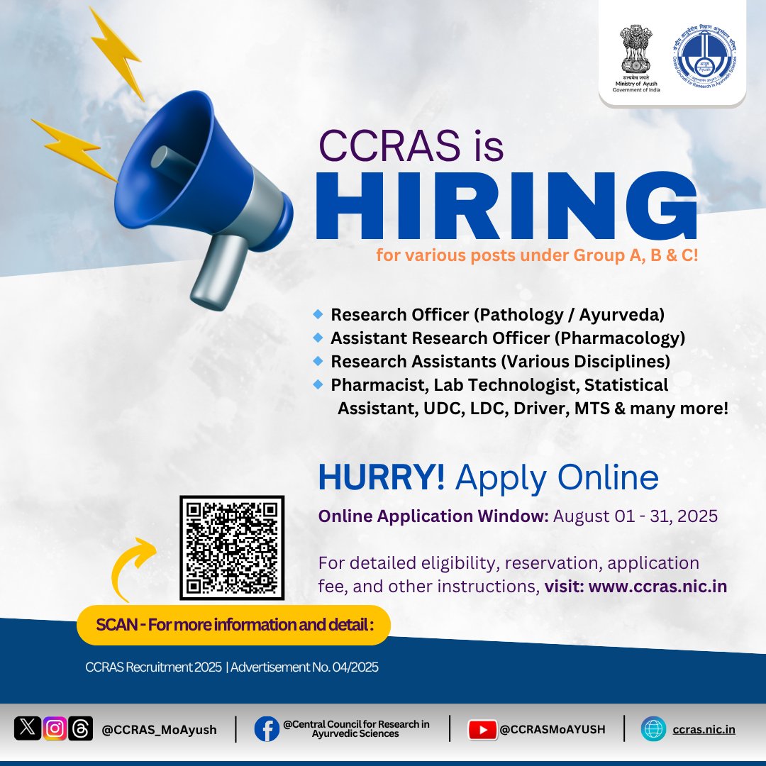 CCRAS_MoAyush's tweet photo. 𝗛𝘂𝗿𝗿𝘆 𝗮𝘀𝗽𝗶𝗿𝗮𝗻𝘁𝘀! #CCRAS under the @moayush, @mygovindia, is inviting applications for multiple posts under Group A, B &amp; C.

Research Officers | Assistants | Nurses | MTS &amp; more…

📅 Apply Online: 1st – 31st Aug 2025

Scan for More Info👇
#Ayush #Recruitment2025 https://t.co/jczilCAJ46