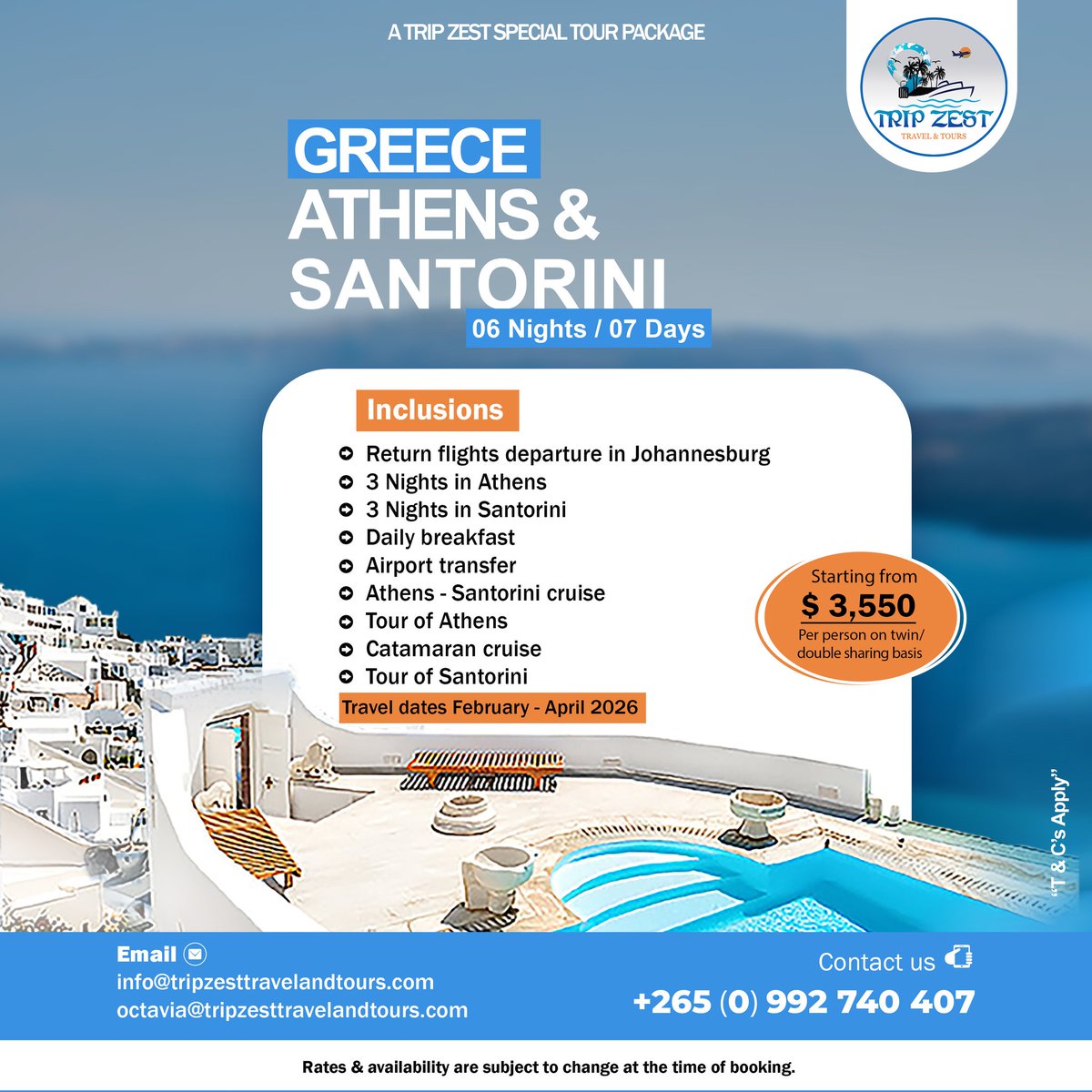 KatsoKreations's tweet photo. Check out the latest travel packages from Trip Zest, Travel &amp; Tours and pick your next destination, more details on posters. 

#MSCCRUISE
#SANTORINI &amp; #ATHENS
#DUBAI
#BALI
#CapeTown 
#Thailand https://t.co/fDrZOqRV6K