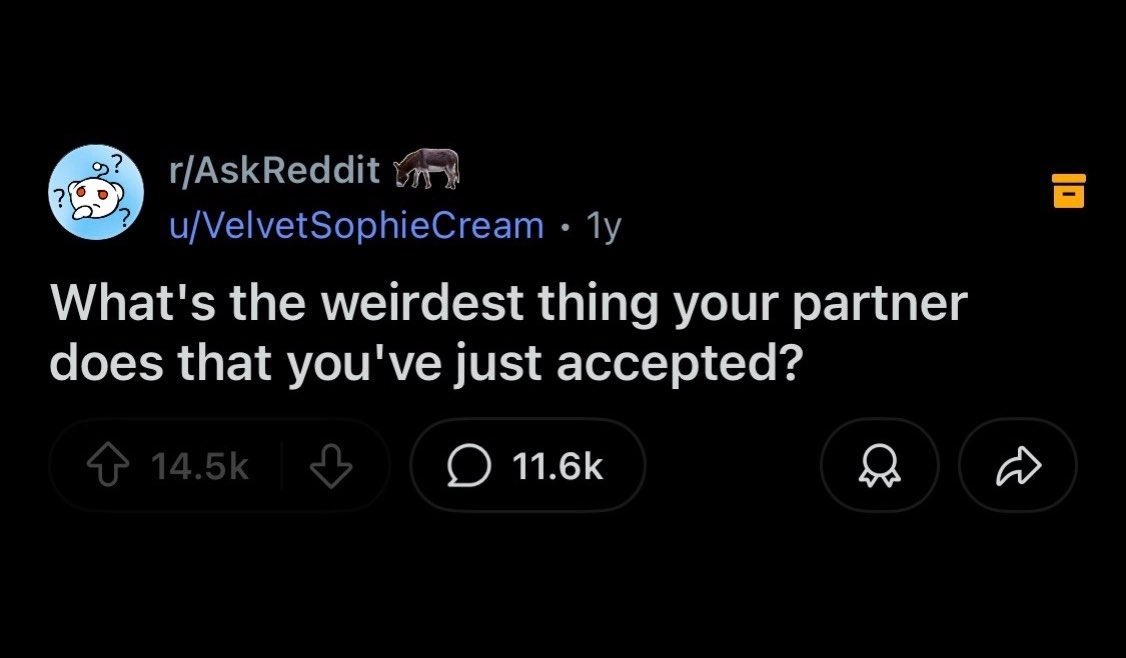 praiseoghre's tweet photo. What is something a little strange that your partner does that you've gotten used to?

A thread 🧵 https://t.co/pGUnnVX3S3