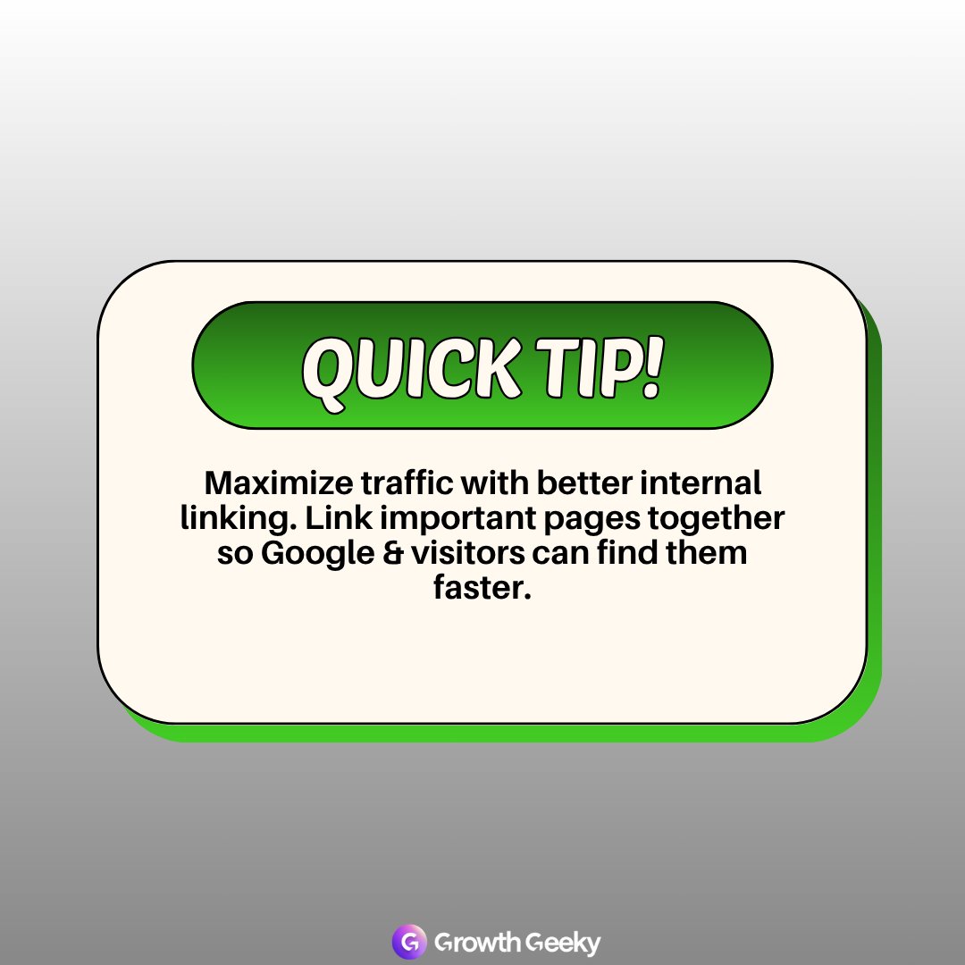 GrowthGeeky's tweet photo. Improved internal linking = big impact 📈
✅ More pages indexed
✅ Visitors explore longer
✅ Bounce rate down
It’s not about doing more, but doing right.
#seotips #InternalLinking #WebsiteTips #growthgeeky https://t.co/sVQOlGEhR6
