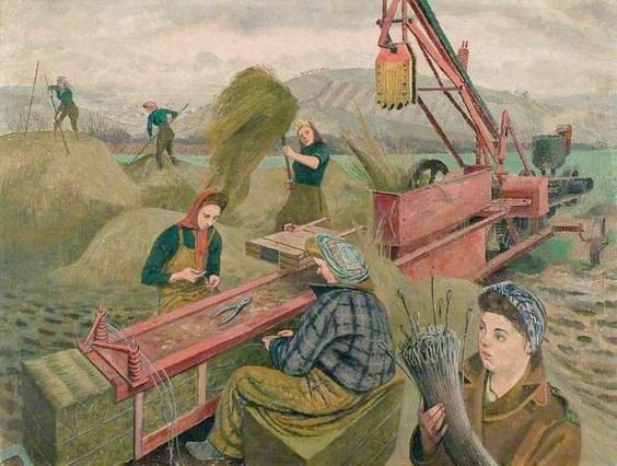 womensart1's tweet photo. British artist Evelyn Dunbar, Baling Hay, 1943, documenting the Women's Land Army during the Second World War #WomensArt https://t.co/cBHkqCO11w