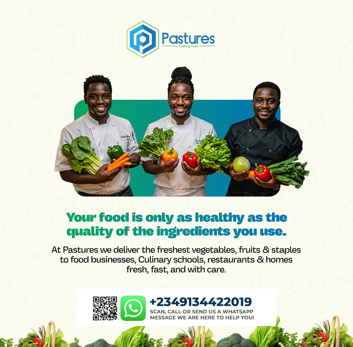 At Pastures, we supply food businesses, culinary schools, restaurants, catering services, and homes with the freshest vegetables, fruits, and staple foods delivered promptly, handled with care, and tailored to your needs.
✅ Farm-Fresh Quality
✅ Timely Delivery