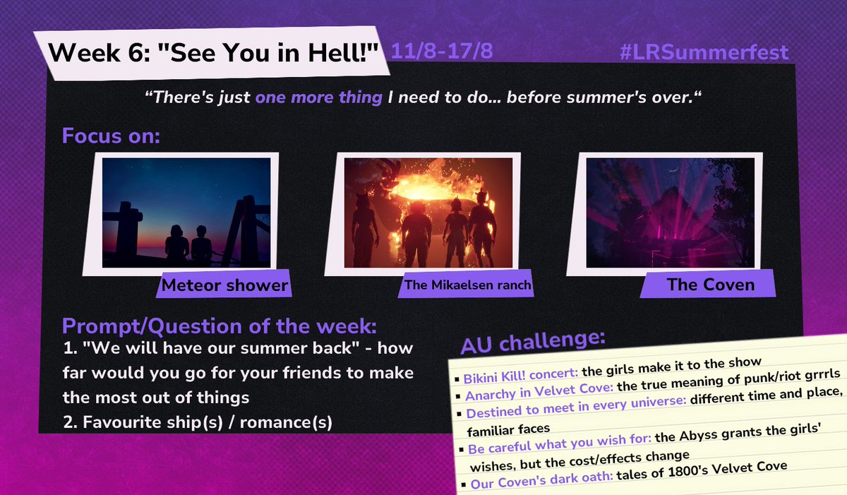 Raven, Sun, Moon, Moth 🌌

Rage is building up, the summer is slowly coming to its end... and deep inside, love may be blooming. Week 6 includes:
• Meteor shower
• Rebellion at Mikaelsen ranch
• The Coven

Enjoy! 🐦‍⬛☀️🌙🦋

#LRSummerfest #LostRecords