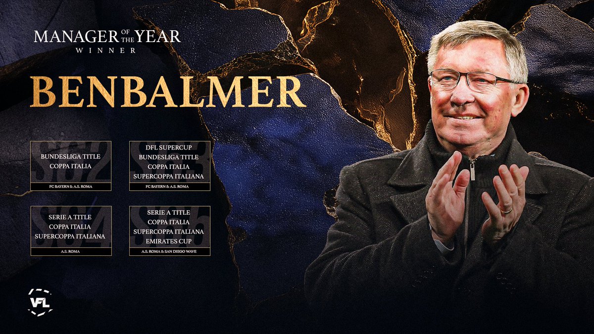 <a href="/Kwarmz9ine/">Kwarmz9ine</a> <a href="/CJHyde_/">Callum Hyde</a> <a href="/WhiteGamer7i/">WhiteGamer7</a> <a href="/BenBalmer_/">Ben</a> <a href="/Bryn_AV/">Bryn</a> <a href="/PLeadus/">Leadus</a> The VFL 2024/25 Manager of the Year 🏆 - <a href="/BenBalmer_/">Ben</a> 🏴󠁧󠁢󠁥󠁮󠁧󠁿

🔖 He was the helping hand to Baboo's 2023/24 MOTY win, but now he's in the spotlight after a year which saw consistent silverware over the line! 4 seasons... every single one with a trophy in the cabinet!