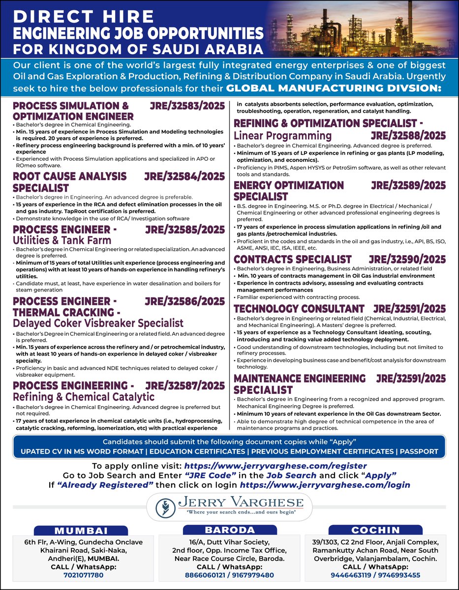 Engineering Job Opportunities for Saudi Arabia | Read the ad to know more about the vacancies and the qualifications / Exp. reqd. | Enter ‘JRE Code’ in the Quick Search Box and Apply | Do select “Internet/Online”, Source="twitter" | All the Best.
