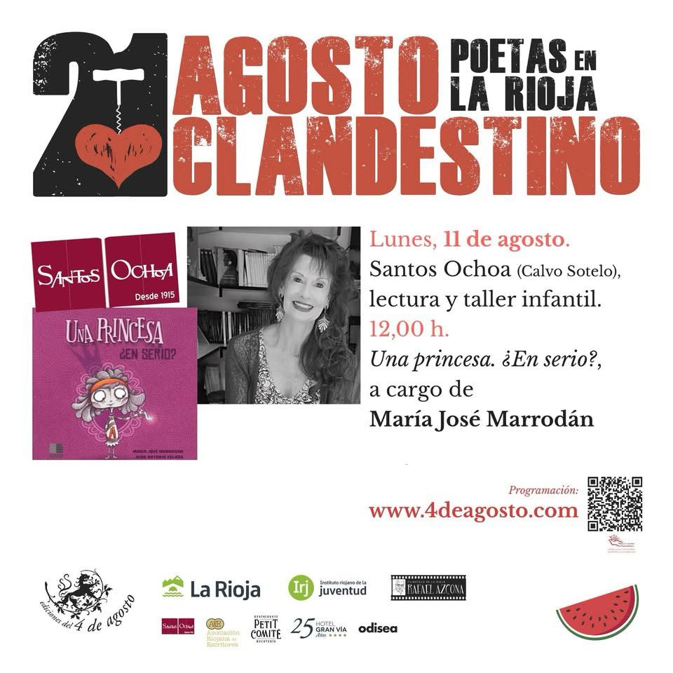 Nos vemos en un rato: Lunes, 11 de agosto de 2025
Santos Ochoa (Calvo Sotelo). 12:00 h.

Lectura y taller infantil: «Una princesa. ¿En serio?», a cargo de María José Marrodán
<a href="/Icce_Editorial/">Icce Editorial</a>
@agostoclandestino
@icce_editorial
@agostoclandestino 
eds4deagosto.blogspot.com/2025/08/#94720…