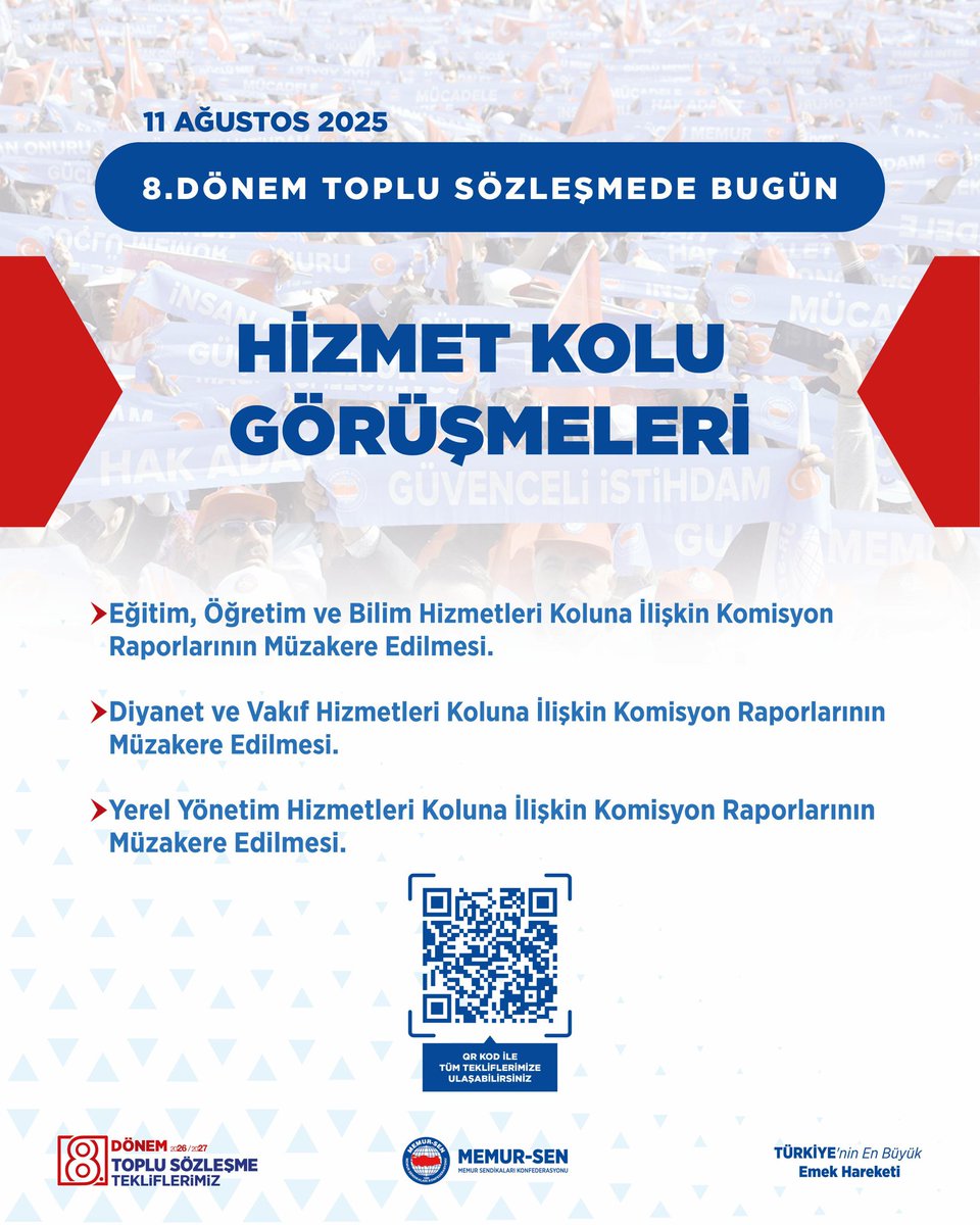 MemurSenKonf's tweet photo. 8. Dönem Toplu Sözleşme görüşmeleri kapsamında bugün; 
 
✔️Eğitim, Öğretim ve bilim Hizmetleri, 
✔️Diyanet ve Vakıf Hizmetleri,
��️Yerel Yönetim Hizmetleri
kolları tekliflerinin müzakereleri gerçekleştirilecek.

@EgitimBirSen
@Diyanet_Sen
@Bem_Bir_Sen
#MemurunTeklifi https://t.co/pB08YAysVM