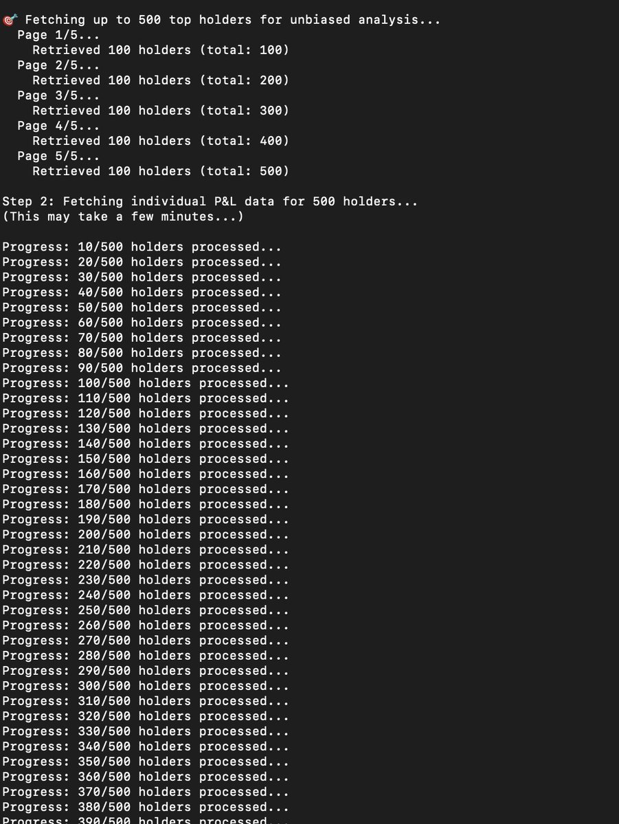 Going to be interesting to watch what happens with $PUMP as bitcoin rises &amp; where ppl choose to cut their position. I created this program using Nansen's API + Claude to get stats on the top 500 holders current P&amp;L.

I used the median bc i think its more accurate than average for