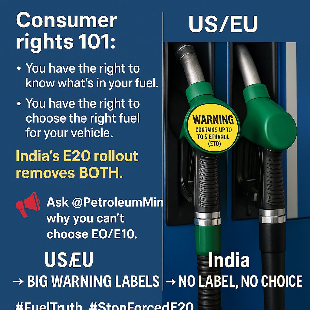 Akshay's tweet image. Consumer rights 101:
• You have the right to know what’s in your fuel.
• You have the right to choose the right fuel for your vehicle.
India’s E20 rollout removes BOTH.
📢 Ask @PetroleumMin why you can’t choose E0/E10.
#FuelTruth #StopForcedE20