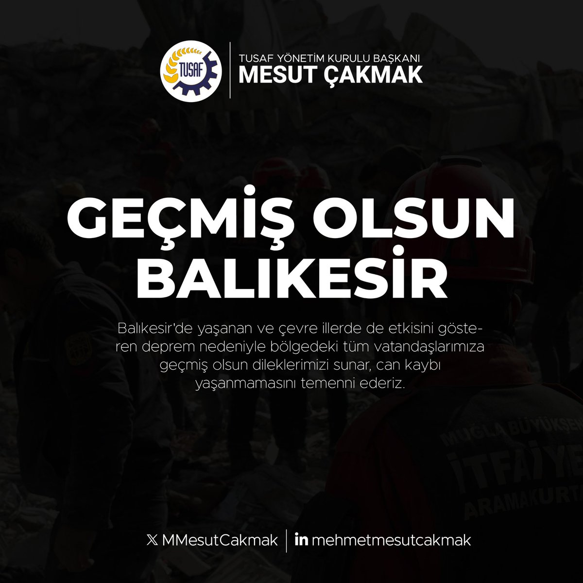 Balıkesir’de meydana gelen depremden etkilenen tüm vatandaşlarımıza geçmiş olsun dileklerimizi iletiyorum. 

Can kaybı yaşanmamış olmasını temenni ediyor, bölgedeki vatandaşlarımıza sağlıklı ve güvenli günler diliyorum. 

<a href="/UnFederasyonu/">Un Sanayicileri</a>
