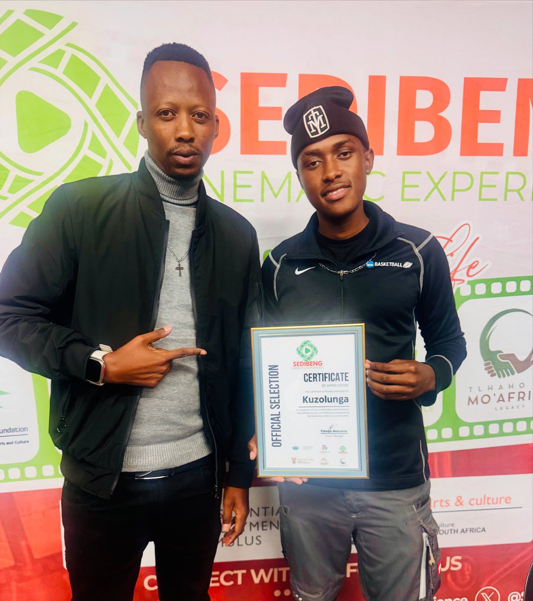 Thumaka's tweet photo. Our film Director @jovislash &amp; Writer @masala_madzhiga at the Sedibeng Cinematic Experience, recognised for Kuzolunga [Film]. Thumaka Films production. #Kuzolunga #sedibengcinematicexperience https://t.co/eUTKWRPVkc