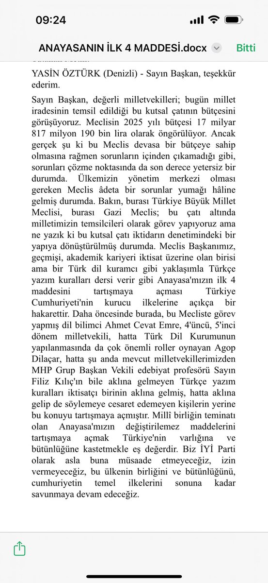 31.10.2024 TBMM bütçe tutanakları:
Meclis başkanı şuur altındaki Anayasa,
Anayasanın ruhu,ideolojisi vs derken “Türkiye Cumhuriyeti devleti ülkesi ve milletiyle bölünmez bir bütündür”
3. Maddeyi devletin ülkesi ve milleti olmaz
Yaklaşımıyla çarpık bakışını  kusuyor ve