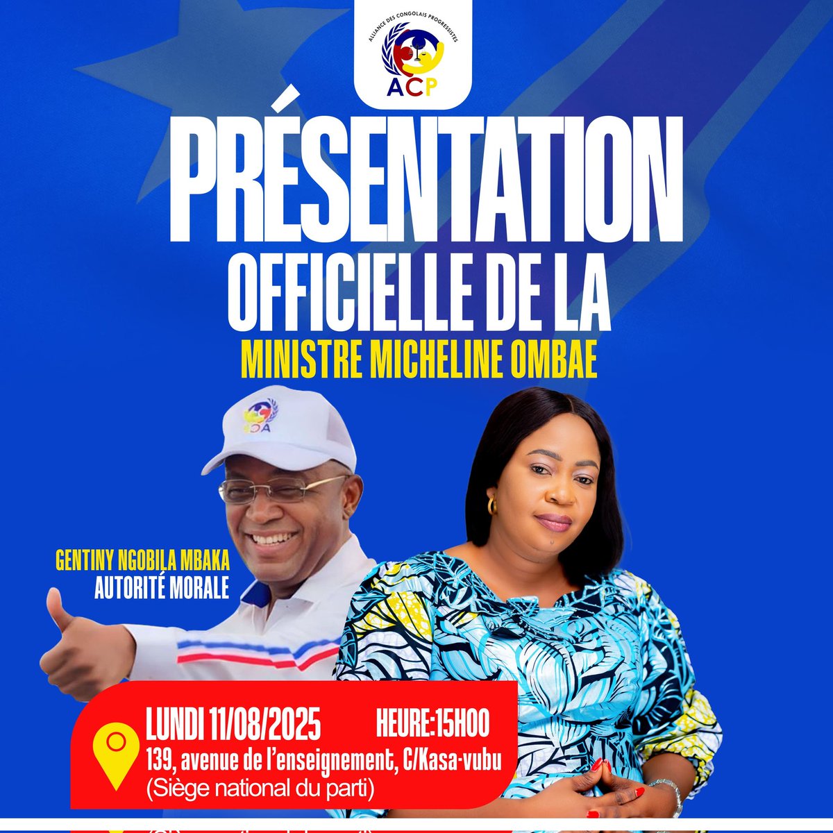 Maréchal 👑 (@marechal1960) on Twitter photo Ce lundi à 15h00, la Ministre Micheline OMBAE se présentera officiellement devant l'ACP de Gentiny Ngobila au siège du parti.
<a href="/GentinyNgobilaM/">Gentiny Ngobila Mbaka</a>
<a href="/OseeNgoloNk/">Osée Ngolo LaPlume Engagée</a>
<a href="/Actungolo/">ACTU NGOLO</a> Ce lundi à 15h00, la Ministre Micheline OMBAE se présentera officiellement devant l'ACP de Gentiny Ngobila au siège du parti.
<a href="/GentinyNgobilaM/">Gentiny Ngobila Mbaka</a>
<a href="/OseeNgoloNk/">Osée Ngolo LaPlume Engagée</a>
<a href="/Actungolo/">ACTU NGOLO</a>