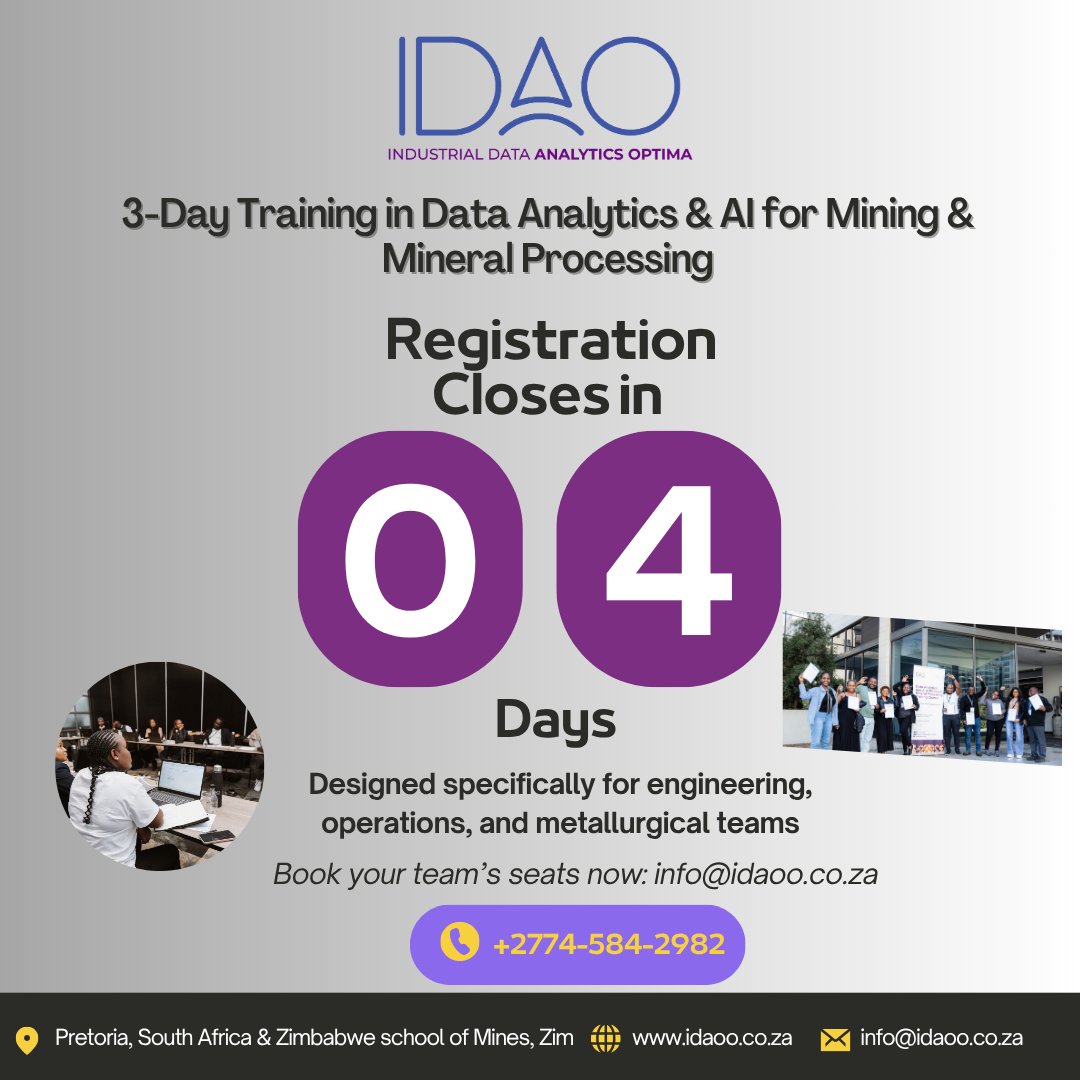idao_insights's tweet image. ⏳ Only 4 Days Left to Register!

Don’t miss the IDAO 3-Day Training in Data Analytics &amp;amp; AI for Mining &amp;amp; Mineral Processing — designed specifically for engineering, operations, and metallurgical teams who want to:

✅ Harness plant data for smarter decisions

✅ Apply AI &amp;amp;…