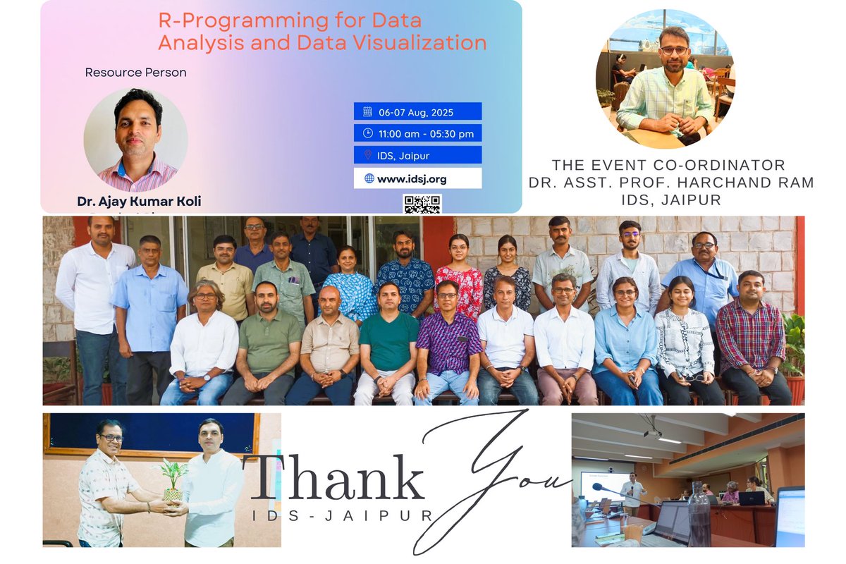 ajay_kolii's tweet photo. Dear Dr. Asst. Prof. Harchand Ram (@Harchand_Ram1), thank you for taking this initiative and having me as a resource person.
Sincere thanks to entire team of the Institute of Development Studies, Jaipur (@IDS_JPR ) for making this two days workshop a success.
#RStats #DataSci https://t.co/HkeH33L7Pi