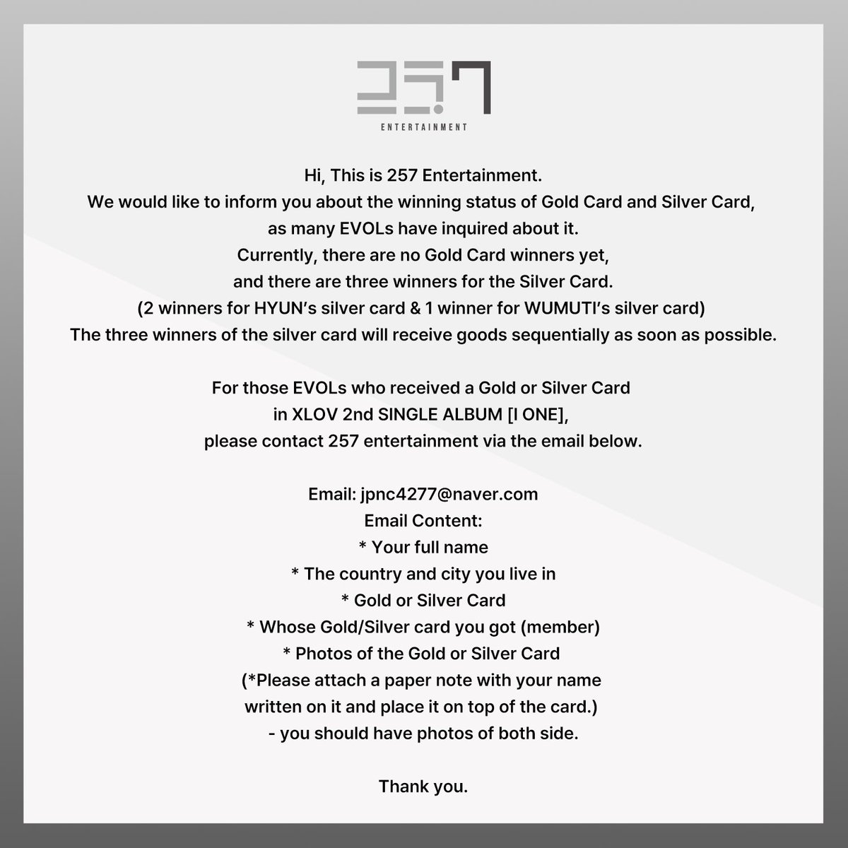 XLOV_official's tweet photo. [📢]

XLOV I ONE GOLD &amp; SILVER CARD EVENT 관련 안내

Notice about ‘XLOV I ONE GOLD &amp; SILVER CARD EVENT’

#XLOV #엑스러브 #XLOV_IONE #IONE https://t.co/e6dB1FkkYo