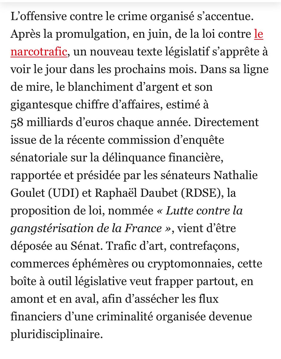 Excellent article ce matin dans <a href="/leJDD/">Le JDD</a> de <a href="/GeoffroyAntoin2/">Geoffroy Antoine</a> sur la proposition de loi déposée pour lutter contre le #blanchiment #criminalitéorganisée #gangstérisation 
La mécanique d’une vision financiére à 360 degrés y est parfaitement décrite , tout comme la plurisciplinarité