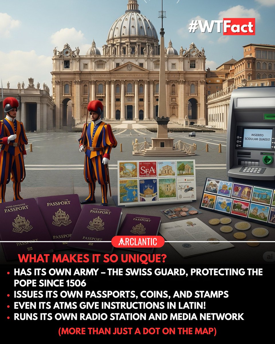 arclanticltd's tweet image. Did you know the world’s #smallestcountry is also one of the most unique? 🇻🇦 

From its own army guarding the Pope to ATMs that speak Latin, #Vatican City packs a mighty punch in just 0.49 km²! 

Swipe through to discover these amazing facts and tag a friend who’d love to visit