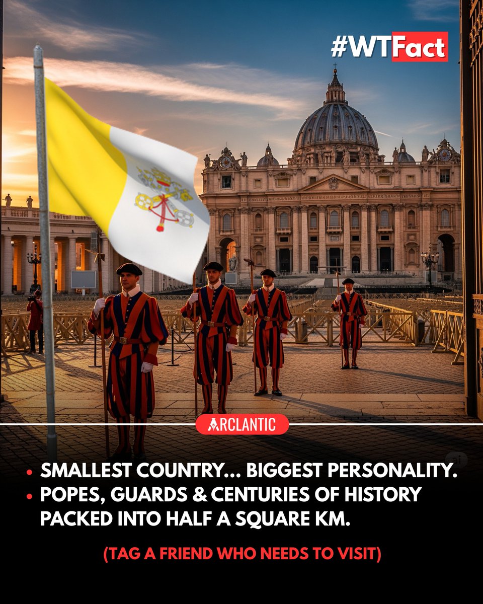 arclanticltd's tweet image. Did you know the world’s #smallestcountry is also one of the most unique? 🇻🇦 

From its own army guarding the Pope to ATMs that speak Latin, #Vatican City packs a mighty punch in just 0.49 km²! 

Swipe through to discover these amazing facts and tag a friend who’d love to visit