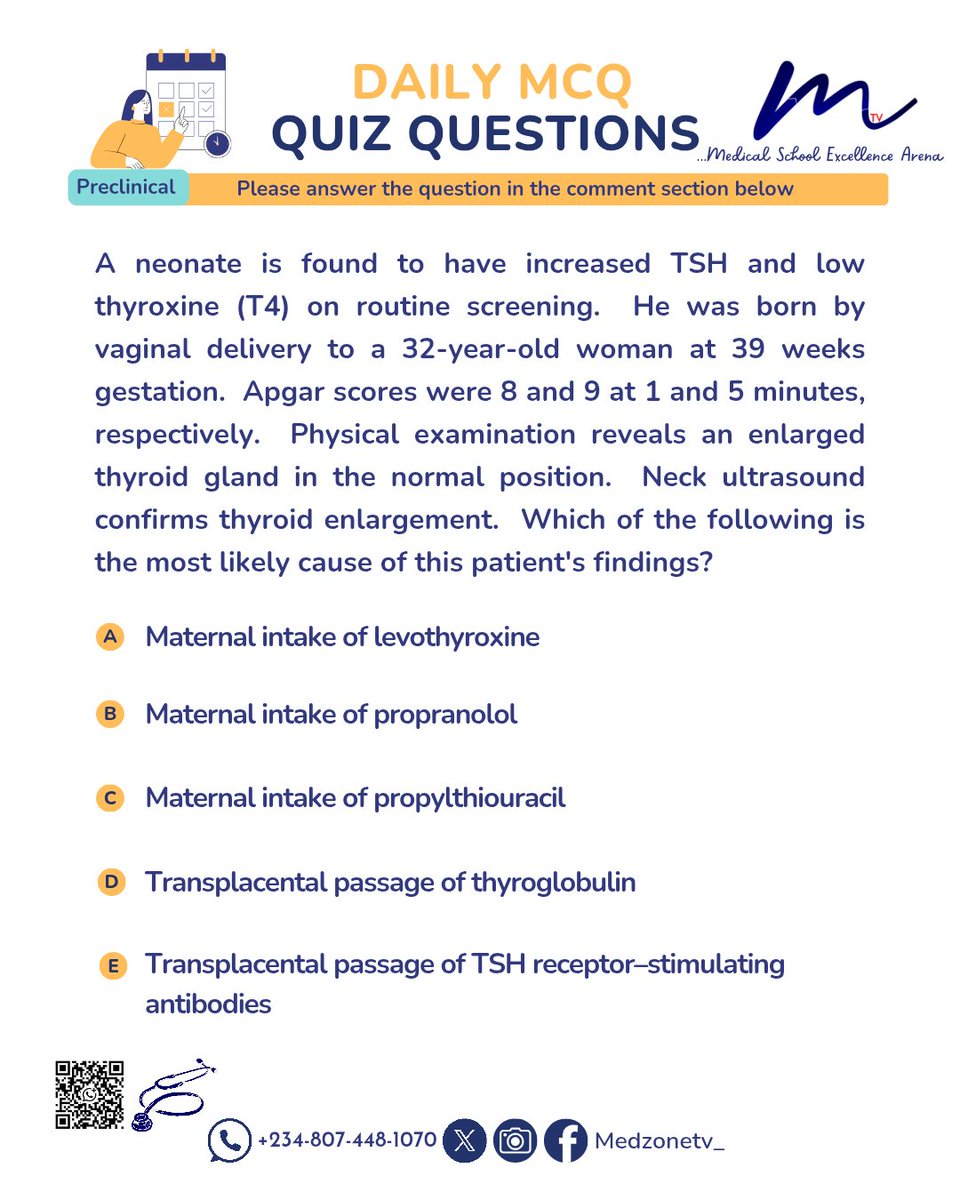 Medzonetv's tweet image. Can you tackle today’s MCQ?
Put your medical knowledge and diagnostic skills to the test!  

Please drop your answers in the comments below.

Follow us for daily quizzes and updates!