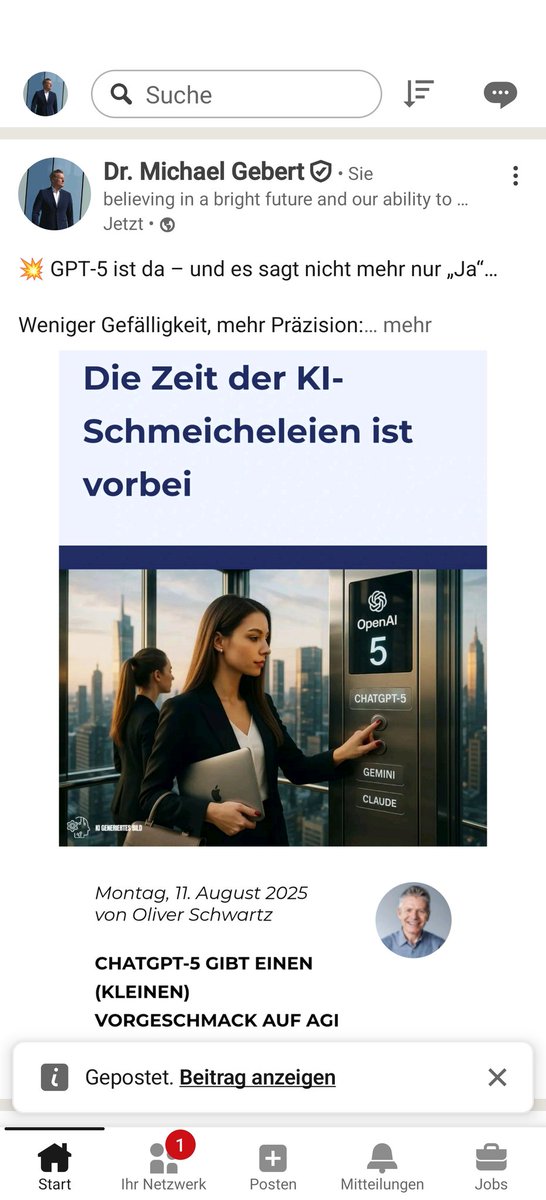 💥 GPT‑5 ist da – und es sagt nicht mehr nur „Ja“…

Weniger Gefälligkeit, mehr Präzision:
OpenAIs GPT‑5 bricht mit alten KI-Gewohnheiten und liefert ehrliche Antworten, stärkere Argumentation und beeindruckende Multimodalität – von Text über Bilder bis Video.

Oliver Schwartz