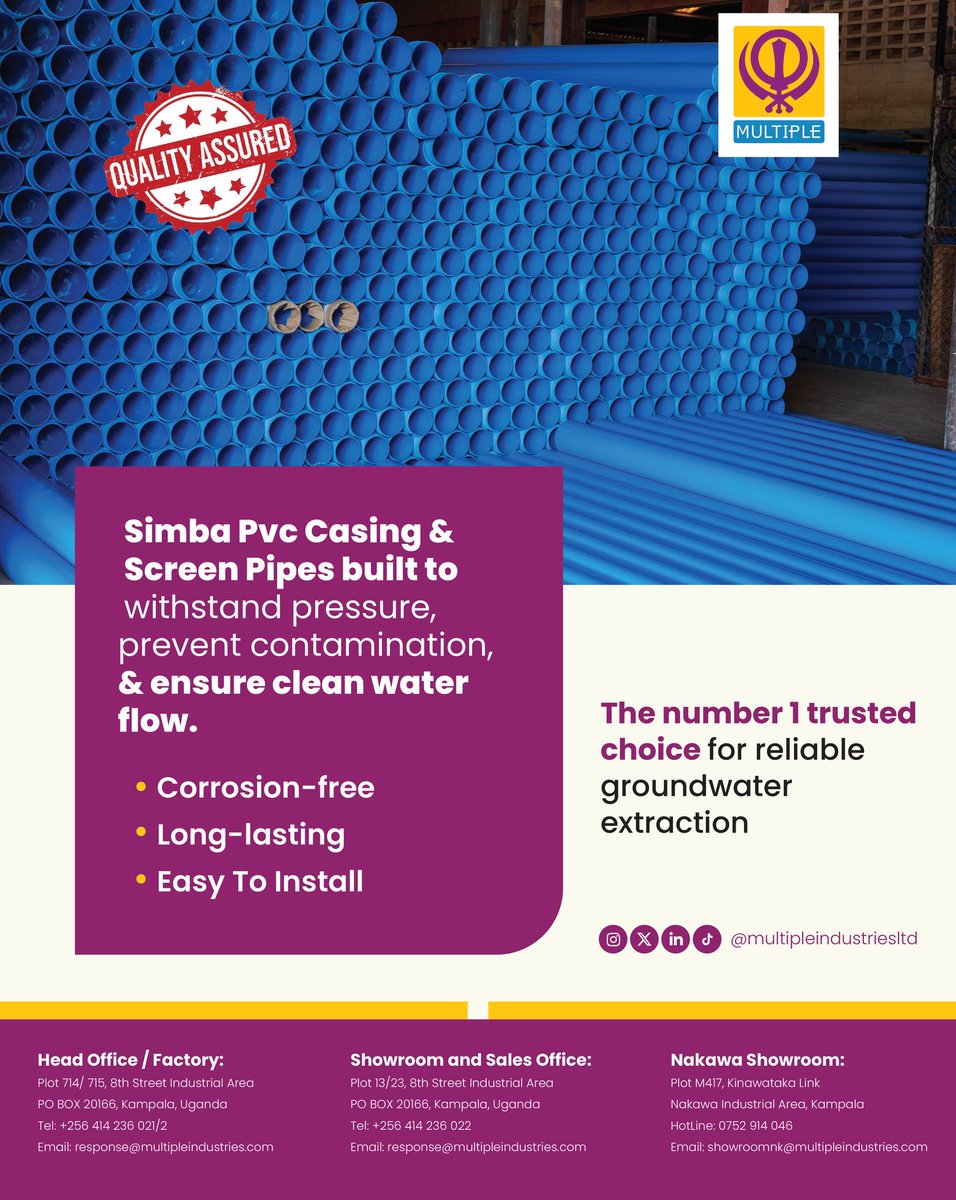 MultipleIndust's tweet photo. Strong. Reliable. Built for depth. Our PVC casing and screen pipes are designed to protect and filter your borehole water supply delivering clean, safe water for years to come.

#PVCCasing #ScreenPipes #BoreholeSolutions #WaterSecurity #MultipleIndustries #SimbaPipes #CleanWater https://t.co/Vm6FM2h9yX