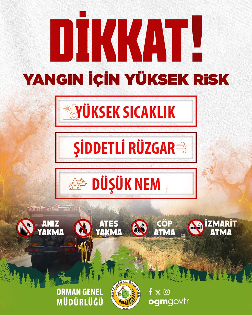 🚨 DİKKAT! ⚠️
🔥 YÜKSEK YANGIN RİSKİ 🔥

🌡️ Artan sıcaklık + Düşük nem + Şiddetli rüzgâr = Yüksek Tehlike

⚠️ Bu dönemde LÜTFEN:
• Anız yakmayın 🚫
• Sigara izmariti atmayın 🚭
• Açık alanda ateş yakmayın 🔥
• Doğaya cam ve çöp bırakmayın 🧴

💡 Unutmayın:
Bir anlık