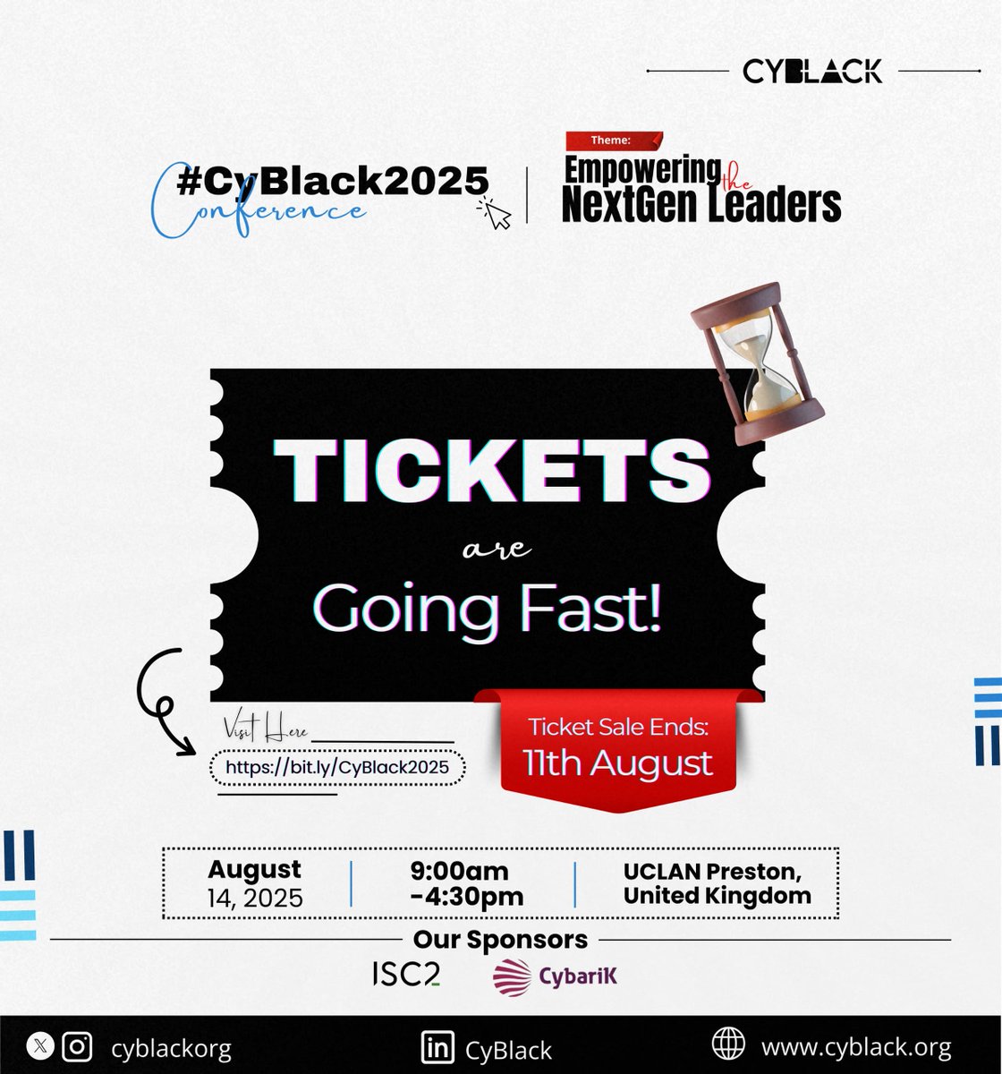We are exactly 3 days away from the #CyBlack2025 conference and we are excited.🤗🥳

Do you have your tickets booked?

Tickets sale ENDS TODAY!

Last chance to get your ticket👇🏾

bit.ly/CyBlack2025