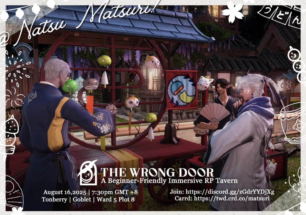 Festivals come and go, and so does the company that comes with them.

Perhaps we can buy a keepsake? Something to remind us of the memories we've shared tonight.

🔖 : tinyurl.com/WrongDoorXIV 
📜 : twd.crd.co
💬 : discord.gg/zGdrYYDjXg