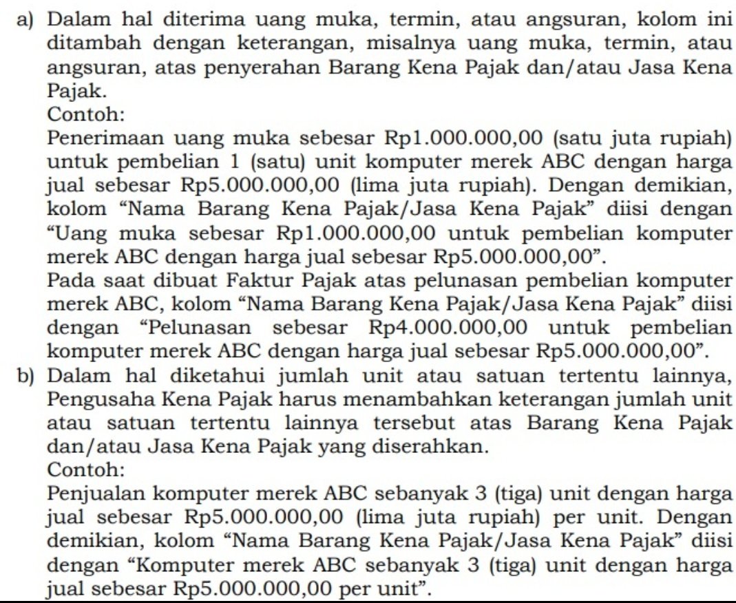 onickooo's tweet photo. @kring_pajak siang min, mau tanya terkait PER 11/PJ/2025 mengenai tata cara pengisian faktur pajak, apakah perlu menuliskan di nama barang/jasa "dengan harga jual sebesar Rp xxx" dan banyaknya unit? Seperti contoh di lampiran, karena deskripsi tersebut sudah muncul otomatis https://t.co/kmBgbAV5Lv