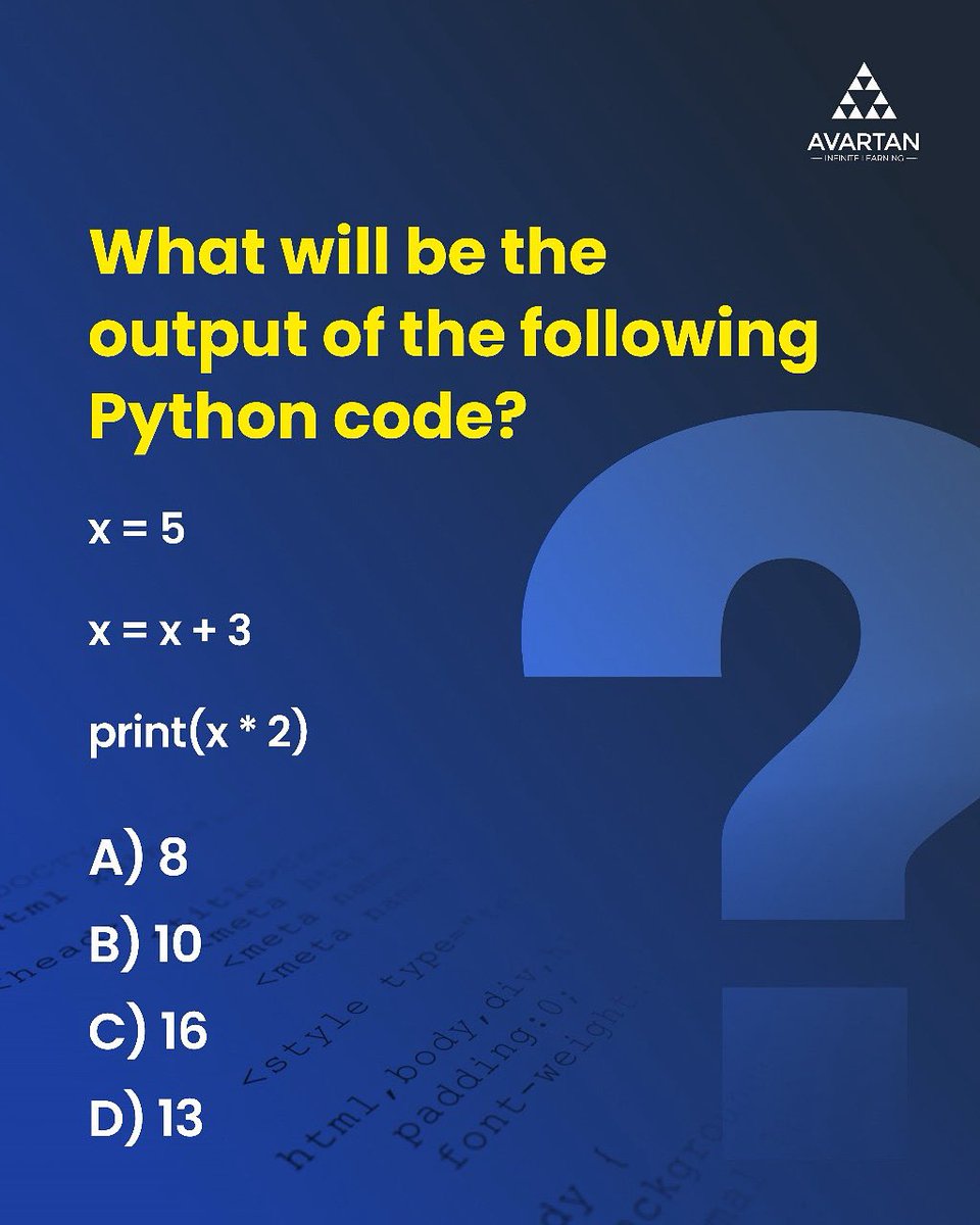 Avartaned's tweet photo. Think you know Python? Let’s put your logic to the test — no peeking at the code twice! Drop your answer below 👇 

#pythonquiz #codechallenge #techforkids #learnpython #codingforkids #edtechfun #logicgames #futurecoders #avartanbooks #pythonforkids https://t.co/z7RkSJRPex
