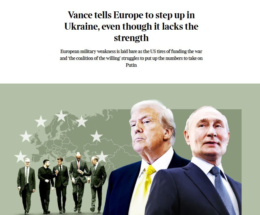 Европа не в силах всерьёз повлиять на переговоры Трампа и Путина, — The Times (thetimes.com/world/russia-u…)

Даже с жёсткой дипломатической позицией у ЕС нет ресурсов, чтобы обеспечить Украине выгодные условия мира или контроль за перемирием. План по отправке 60-тысячного