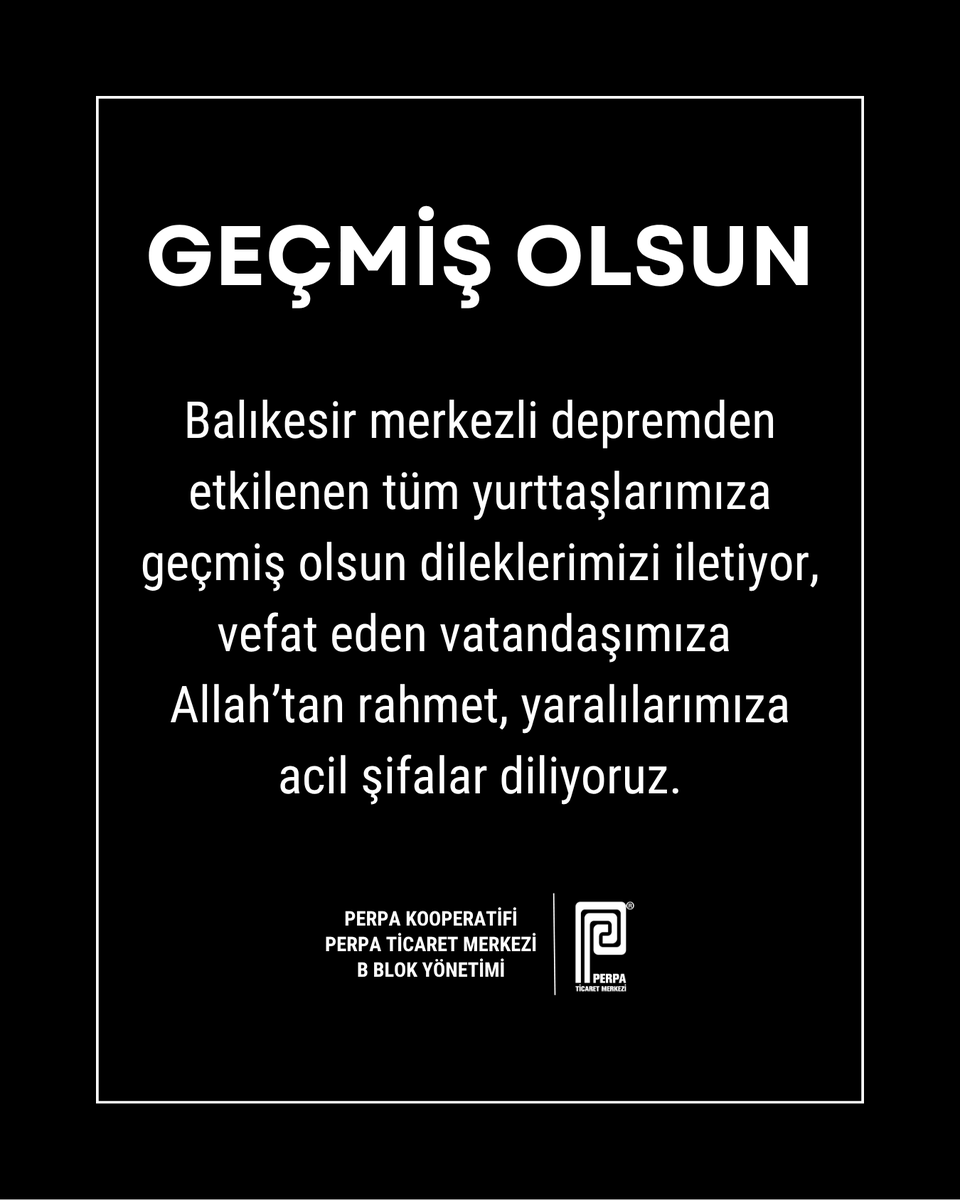 perpatm's tweet photo. Balıkesir merkezli depremden etkilenen tüm yurttaşlarımıza geçmiş olsun dileklerimizi iletiyor, vefat eden vatandaşımıza Allah’tan rahmet, yaralılarımıza acil şifalar diliyoruz.
PERPA Kooperatifi ve PERPA Ticaret Merkezi B Blok Yönetimi
#balıkesirdepremi https://t.co/kp2RTj0pc8
