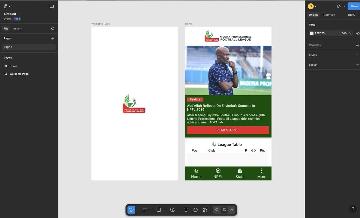 6 years ago, I was working on an idea to build a mobile app for the NPFL, which stemmed from my lack of knowledge about the intricate details of the league, from players, teams, news, and stats. Something similar to the EPL app, I started trying out some designs on Figma. 

1/3