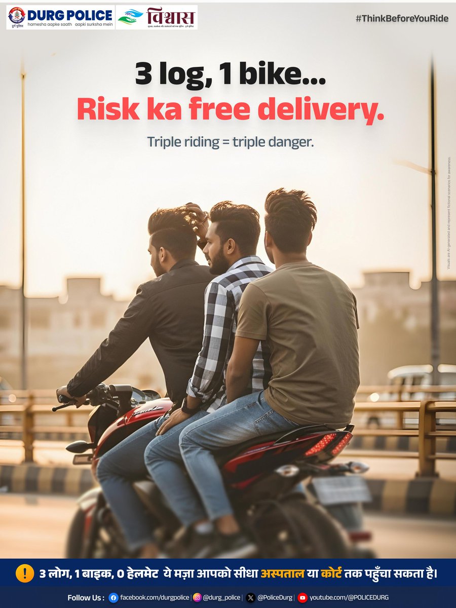 PoliceDurg's tweet image. Risk मत लो  हेलमेट और ट्रैफिक नियम, दोनों mandatory हैं।

#operationvishwas #TrafficAwareness #durgpolice