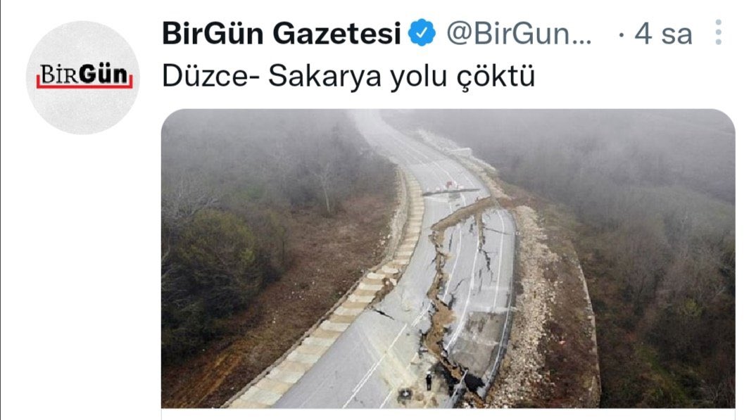 brctv12's tweet photo. O kadar akıllılar ki!

Kastamonu yolunu yapan şirketten açıklama geldi..
Yol sağlamdı üzerinden arabalar geçtiği için yol çöktü : ))

Düzce-Sakarya yolu çöktü.!

Diploma var, diploma var. https://t.co/yfgeeKlptu